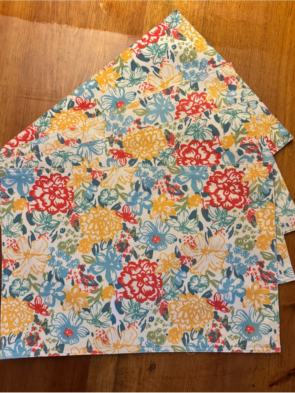 Placemats (4) Floral Double Sided Blue Yellow Red Cotton